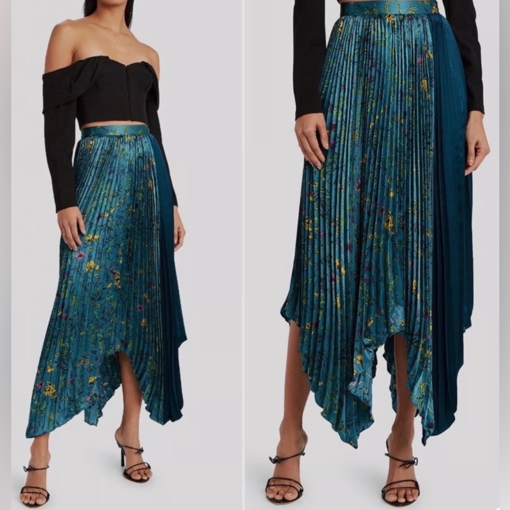 Amur Fabie Pleated Asymmetrical Midi Skirt Teal Multi Wildflowers Size 4